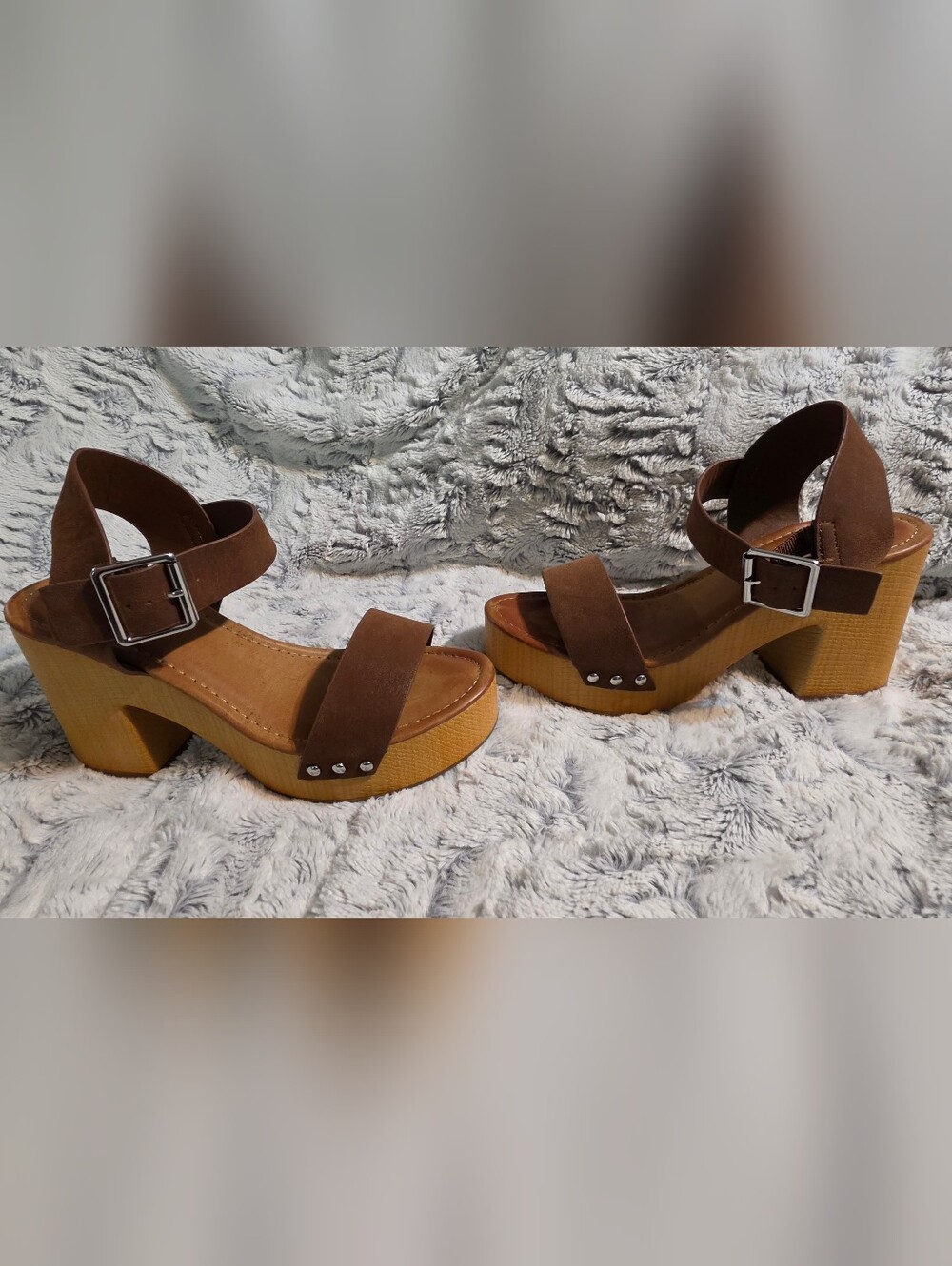 MIA Nira brown faux leather chunky platform sandals with wooden heels.